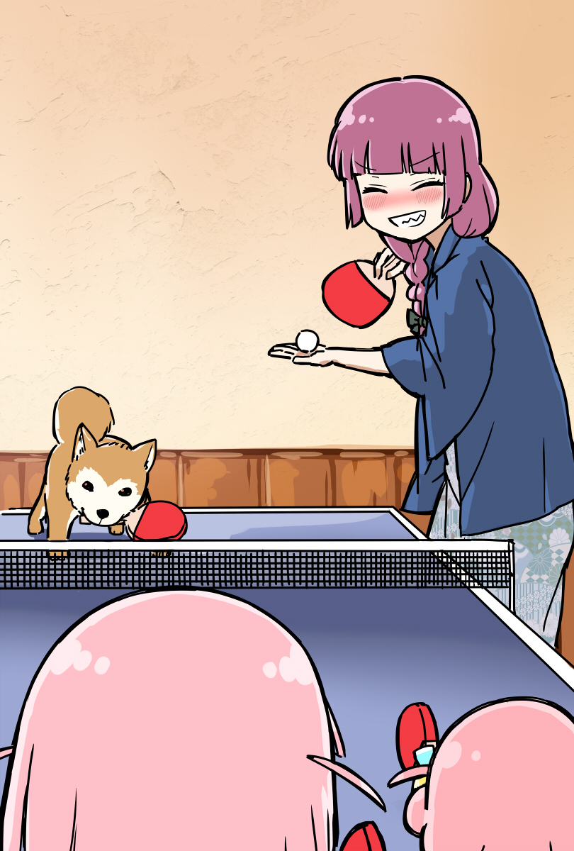 3girls, ball, black_bow, blunt_bangs, bocchi_the_rock!, bow, braid, closed_eyes