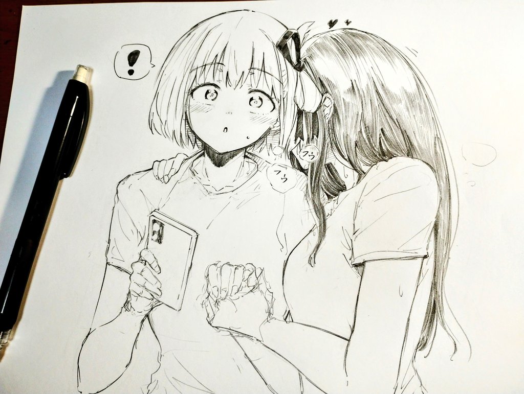 !, 2girls, :o, art_tools_in_frame, blush, bob_cut, breasts, cellphone