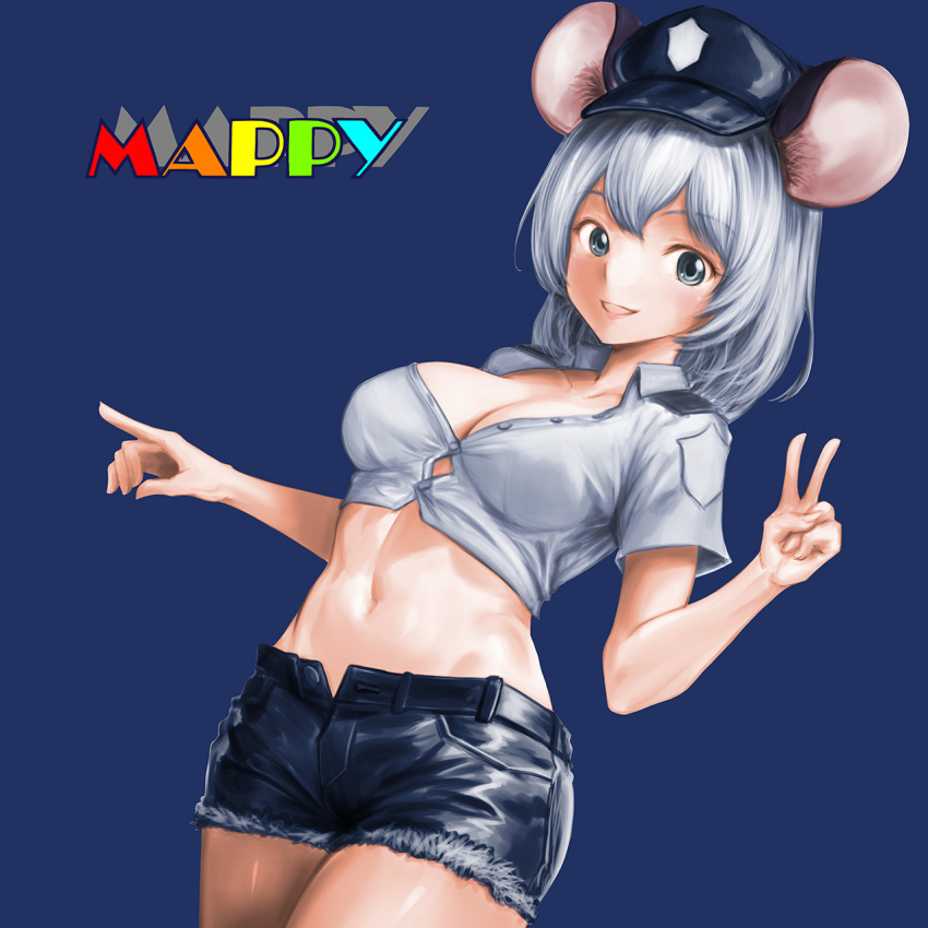 1girl, :d, animal_ear_fluff, animal_ears, blue_background, blue_hat, blue_shorts, breasts