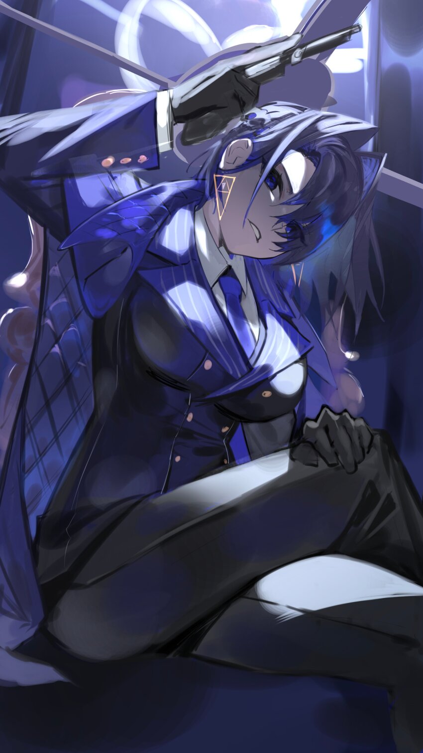 1girl, absurdres, black_gloves, black_pants, blue_eyes, blue_hair, blue_necktie, collared_shirt