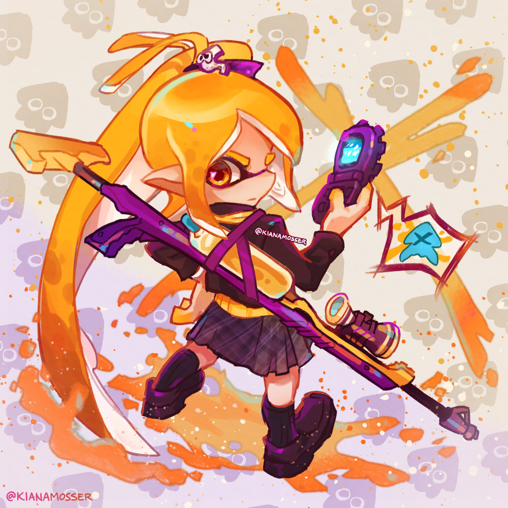 1girl, akita_neru, artist_name, black_footwear, black_socks, cellphone, high_ponytail, ink_tank_(splatoon)