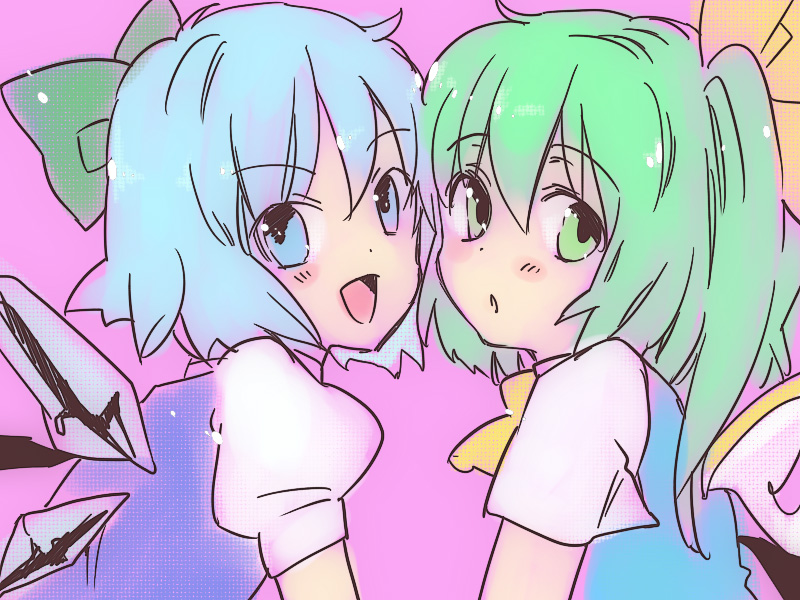 2girls, blue_hair, cirno, daiyousei, green_hair, multiple_girls, narumi, narumi_(momo27)