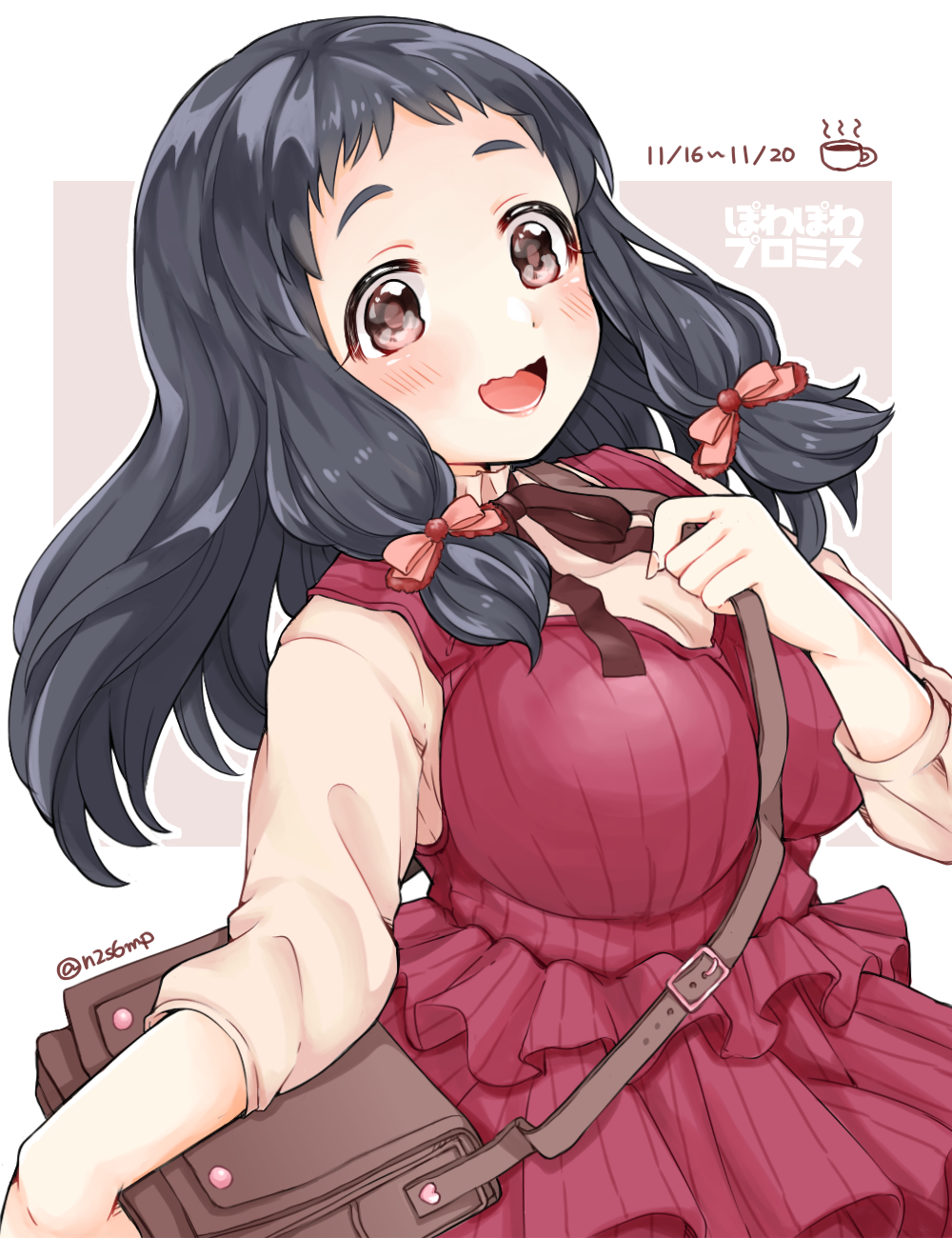 1girl, bag, black_hair, blush, border, bow, breasts, brown_eyes, brown_ribbon, brown_shirt, choko_omochi, cleavage, coffee, collarbone, cup, dated, disposable_cup, dot_nose, dress, hair_bow, hair_ribbon, hand_up, highres, holding_strap, idolmaster, idolmaster_cinderella_girls, idolmaster_cinderella_girls_starlight_stage, large_breasts, layered_dress, long_hair, long_sleeves, looking_at_viewer, neck_ribbon, ohnuma_kurumi, open_mouth, outside_border, pink_background, pink_ribbon, red_dress, ribbon, shirt, shoulder_bag, sleeveless, sleeveless_dress, smile, solo, teacup, twintails, twitter_username, wavy_mouth, white_border