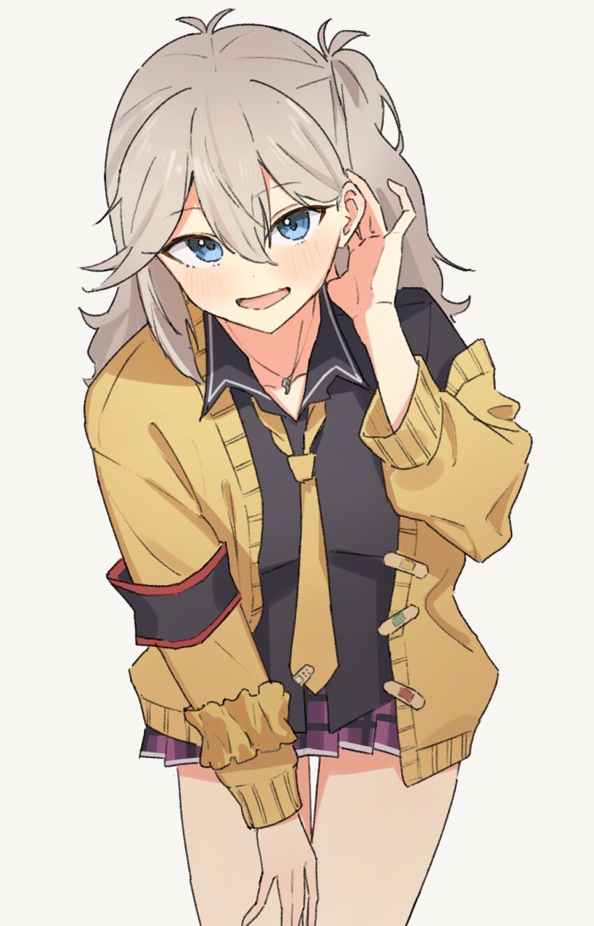 1girl, black_shirt, blue_eyes, blush, cardigan, collarbone, collared_shirt, cowboy_shot, hair_between_eyes, highres, kasukabe_tsumugi, leaning_forward, light_brown_hair, long_hair, long_sleeves, looking_at_viewer, minatsuki_(m1natsuk1), necktie, open_cardigan, open_clothes, open_mouth, pleated_skirt, purple_skirt, shirt, simple_background, skirt, smile, solo, voicevox, white_background, yellow_cardigan, yellow_necktie