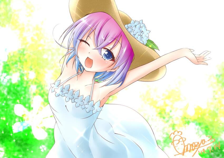 1girl, artist_name, breasts, dress, flower, highres, hydrangea, medium_breasts