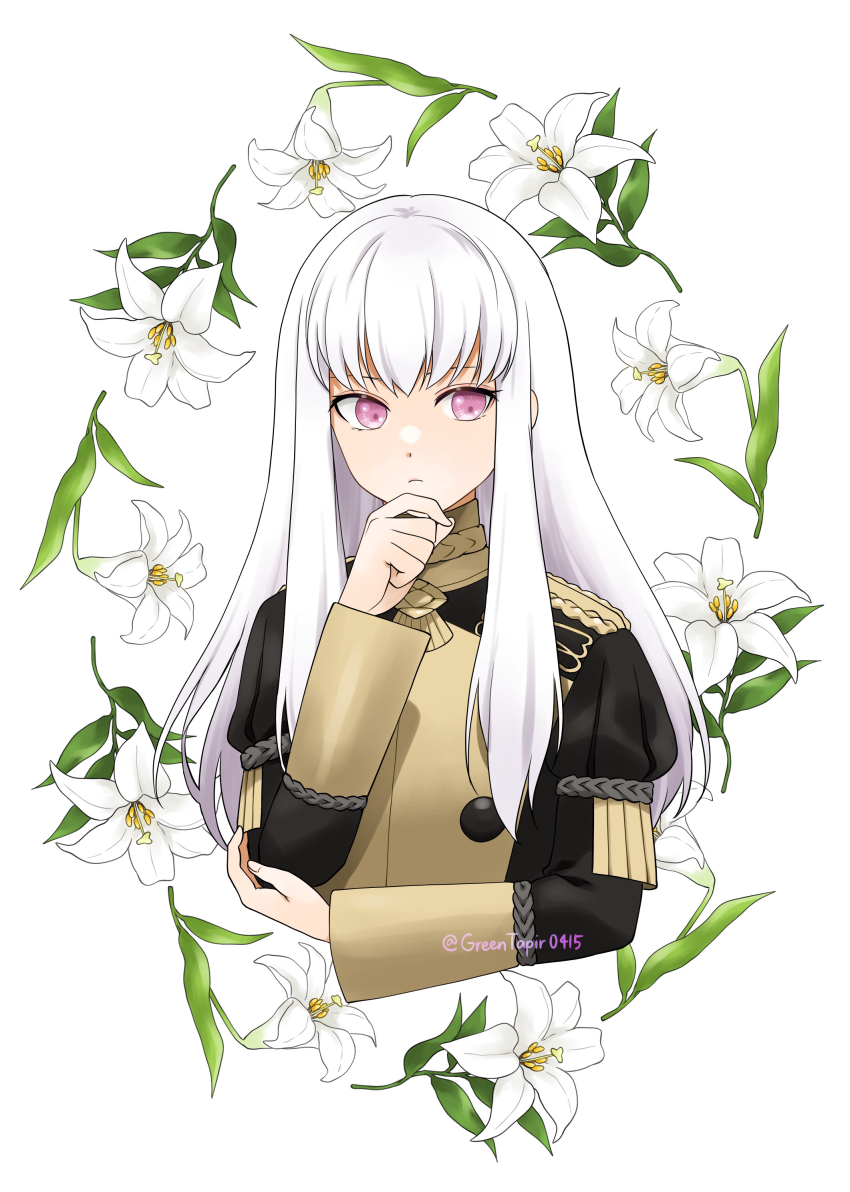 1girl, absurdres, commentary_request, fire_emblem, fire_emblem:_three_houses, flower, garreg_mach_monastery_uniform, hand_on_own_elbow