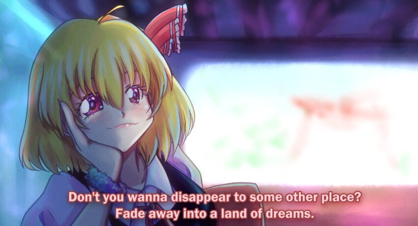 1girl, :3, ahoge, black_vest, blonde_hair, blurry, blurry_background, bracelet, collared_shirt, commentary, dr._addamelech, english_commentary, english_text, hair_between_eyes, hair_ribbon, head_rest, highres, jewelry, lips, long_sleeves, looking_at_viewer, medium_hair, necktie, red_necktie, red_ribbon, ribbon, rumia, shirt, touhou, vest, white_shirt