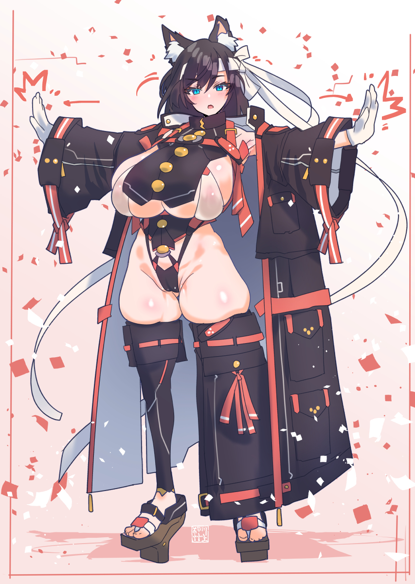 1girl, animal_ears, asymmetrical_legwear, black_coat, black_hair, blue_eyes, breasts, coat