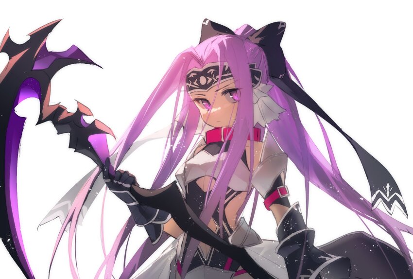 1girl, armor, black_bow, black_gloves, black_leotard, bow, breastplate, collar, fate/grand_order, fate_(series), gloves, hair_intakes, headband, highres, holding, holding_scythe, holding_weapon, leotard, long_hair, looking_at_viewer, medusa_(fate), medusa_(lancer)_(fate), medusa_(lancer)_(third_ascension)_(fate), medusa_(rider)_(fate), ponytail, purple_eyes, purple_hair, rider, scythe, sidelocks, simple_background, solo, uby401, very_long_hair, weapon, white_background