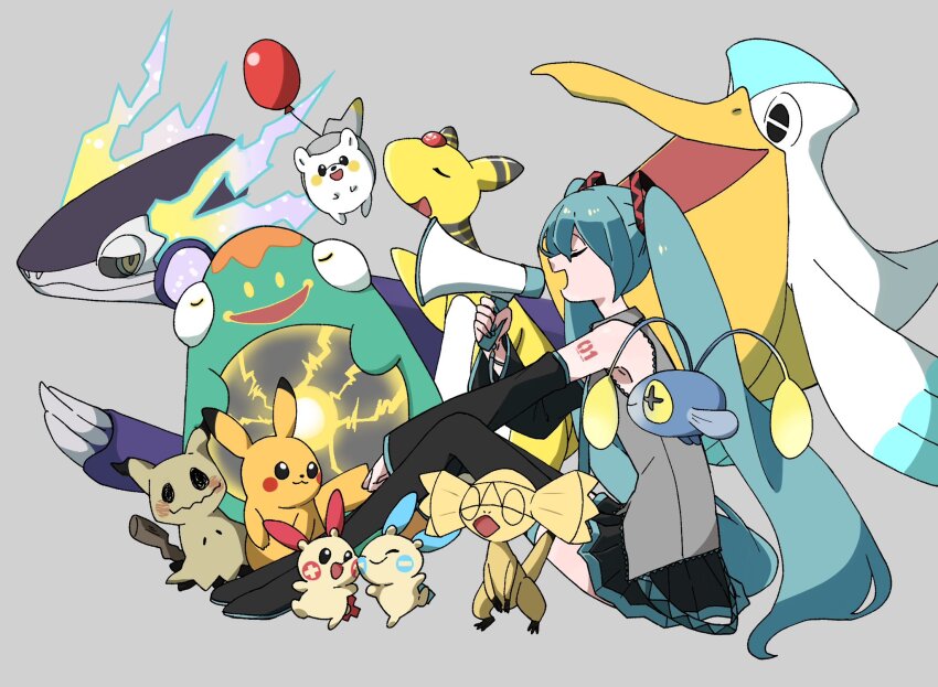 1girl, air_balloon_(pokemon), ampharos, balloon, bellibolt, black_boots, black_skirt, black_sleeves