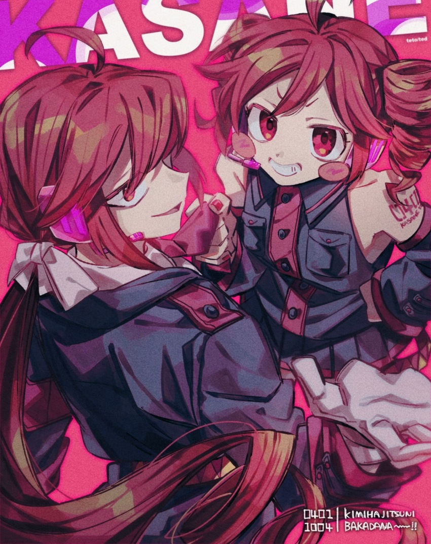 1boy, 1girl, ahoge, black_jacket, black_shirt, black_skirt, black_sleeves, blush_stickers, character_name, clothes_grab, collared_shirt, commentary, drill_hair, drill_ponytail, dual_persona, genderswap, genderswap_(ftm), gloves, grin, hair_ribbon, hand_on_own_hip, hand_up, headset, highres, idonaka, jacket, kasane_ted, kasane_teto, kasane_teto_(utau), long_hair, long_sleeves, looking_back, low_ponytail, necktie, necktie_grab, neckwear_grab, number_tattoo, open_mouth, pink_background, ponytail, red_eyes, red_nails, red_necktie, ribbon, romaji_text, sanpaku, shirt, short_eyebrows, short_hair, shoulder_boards, shoulder_tattoo, skirt, sleeveless, sleeveless_shirt, smile, smirk, tattoo, twin_drills, uniform, utau, v-shaped_eyebrows, white_gloves, white_ribbon