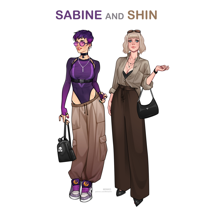 2girls, alternate_costume, artist_name, bag, baggy_pants, black_choker, blonde_hair, bra, breasts, brown_pants, brown_shirt, character_name, choker, cleavage, contemporary, cross, cross_earrings, detached_sleeves, earrings, elbow_carry, eyewear_on_head, full_body, handbag, highres, jewelry, leotard, multiple_girls, necklace, olena_minko, pants, panty_straps, patreon_username, purple_hair, purple_leotard, purple_sleeves, round_eyewear, sabine_wren, shin_hati, shirt, short_hair, simple_background, small_breasts, star_wars, star_wars:_ahsoka, sunglasses, underwear, watermark, web_address, white_background