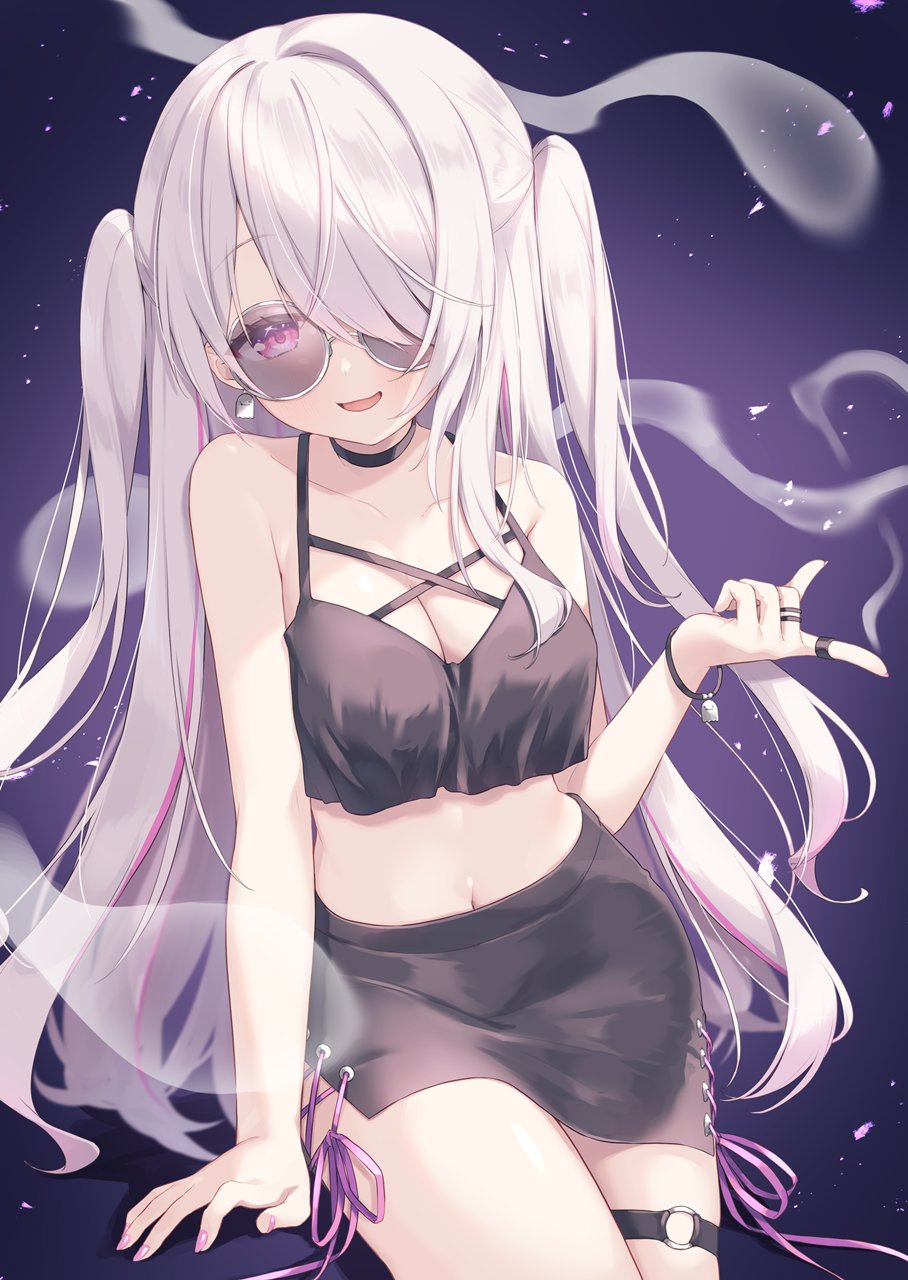 1girl, arm_support, bare_shoulders, black_choker, black_skirt, bracelet, breasts, choker