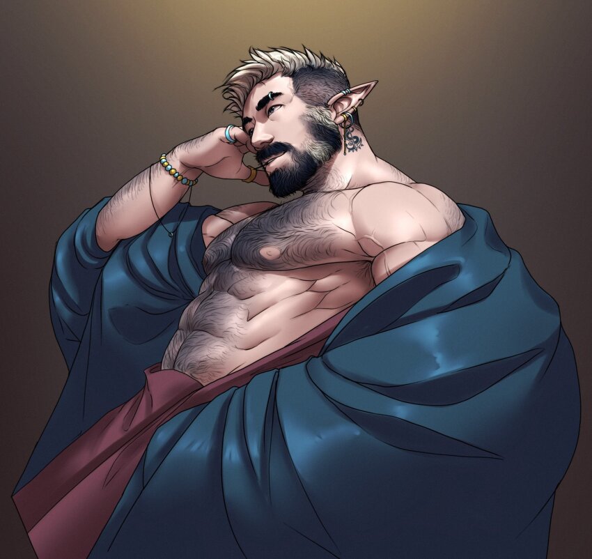 1boy, abs, arm_hair, armpit_hair, armpit_hair_peek, baggy_clothes, bara, bare_pectorals