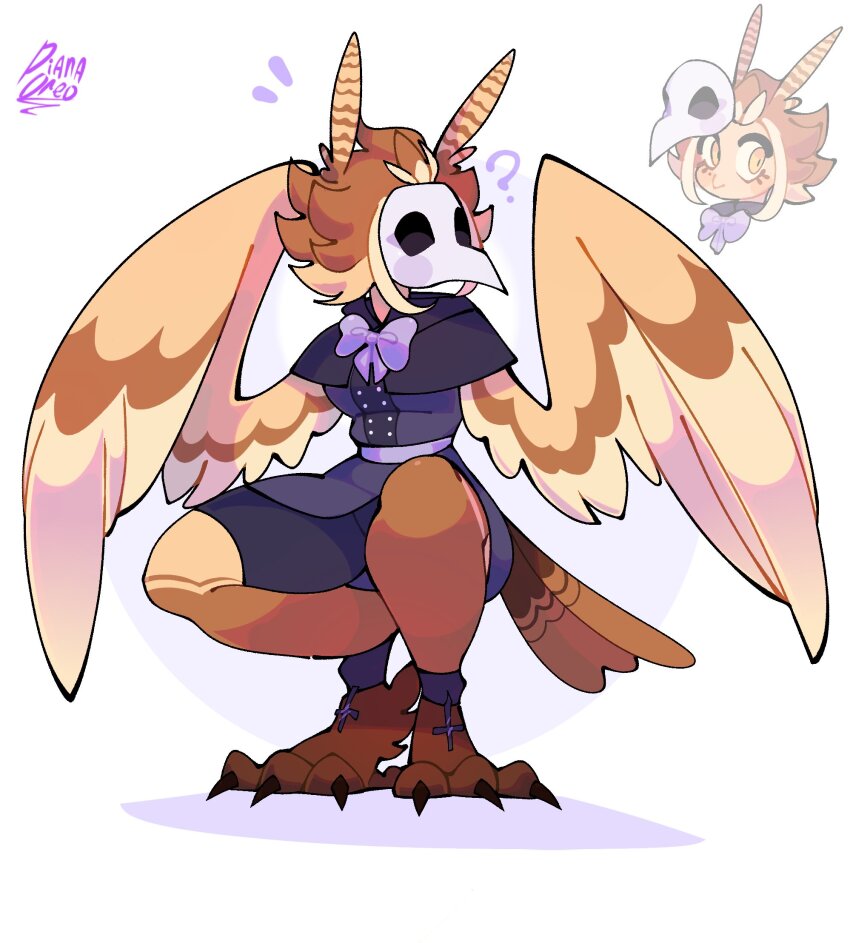 1girl, ?, artist_name, bird_legs, bird_mask, bird_tail, black_capelet, black_dress