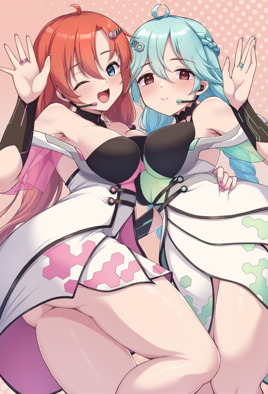 2girls, ahoge, aqua_hair, bare_shoulders, bemani, blue_eyes, blush, breasts