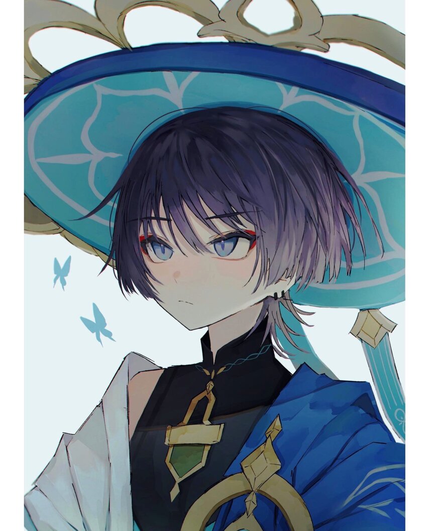 1boy, black_bodysuit, bodysuit, bug, butterfly, dragonagia643, eyeliner, genshin_impact