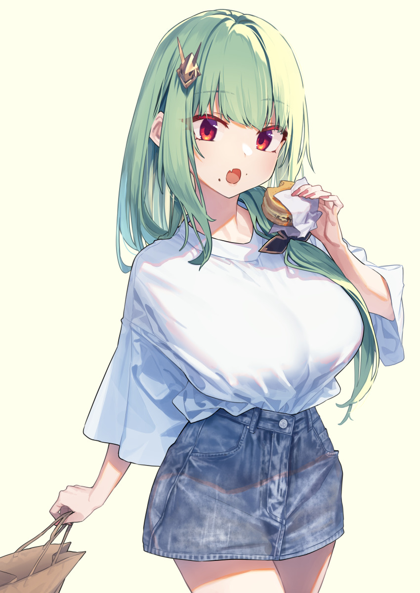 1girl, absurdres, akari_(baffu), baffu, bag, blue_skirt, breasts, casual, commentary, cowboy_shot, denim, denim_skirt, eating, fang, food, food_on_face, green_hair, hair_ornament, hand_up, highres, holding, holding_bag, holding_food, imagawayaki, large_breasts, long_hair, looking_at_viewer, low_ponytail, mask, miniskirt, no_horns, oni_mask, open_mouth, oppai_loli, original, ponytail, red_eyes, shirt, shirt_tucked_in, shopping_bag, shortstack, simple_background, skin_fang, skirt, solo, white_background, white_shirt, wide_sleeves