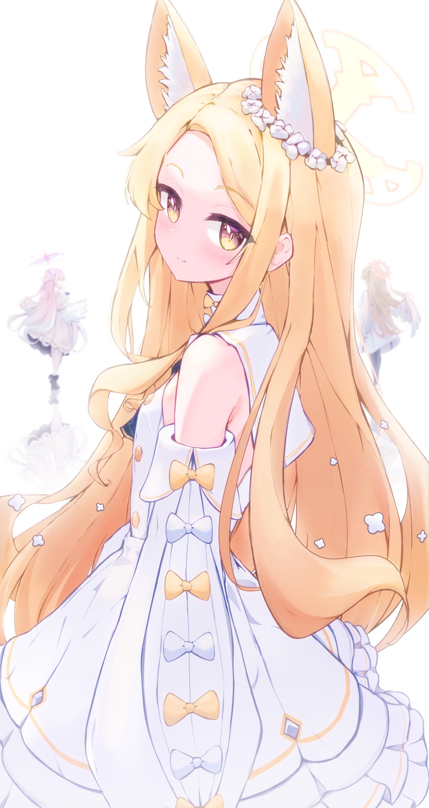 3girls, absurdres, angel_wings, animal_ear_fluff, animal_ears, backless_dress, backless_outfit, blonde_hair