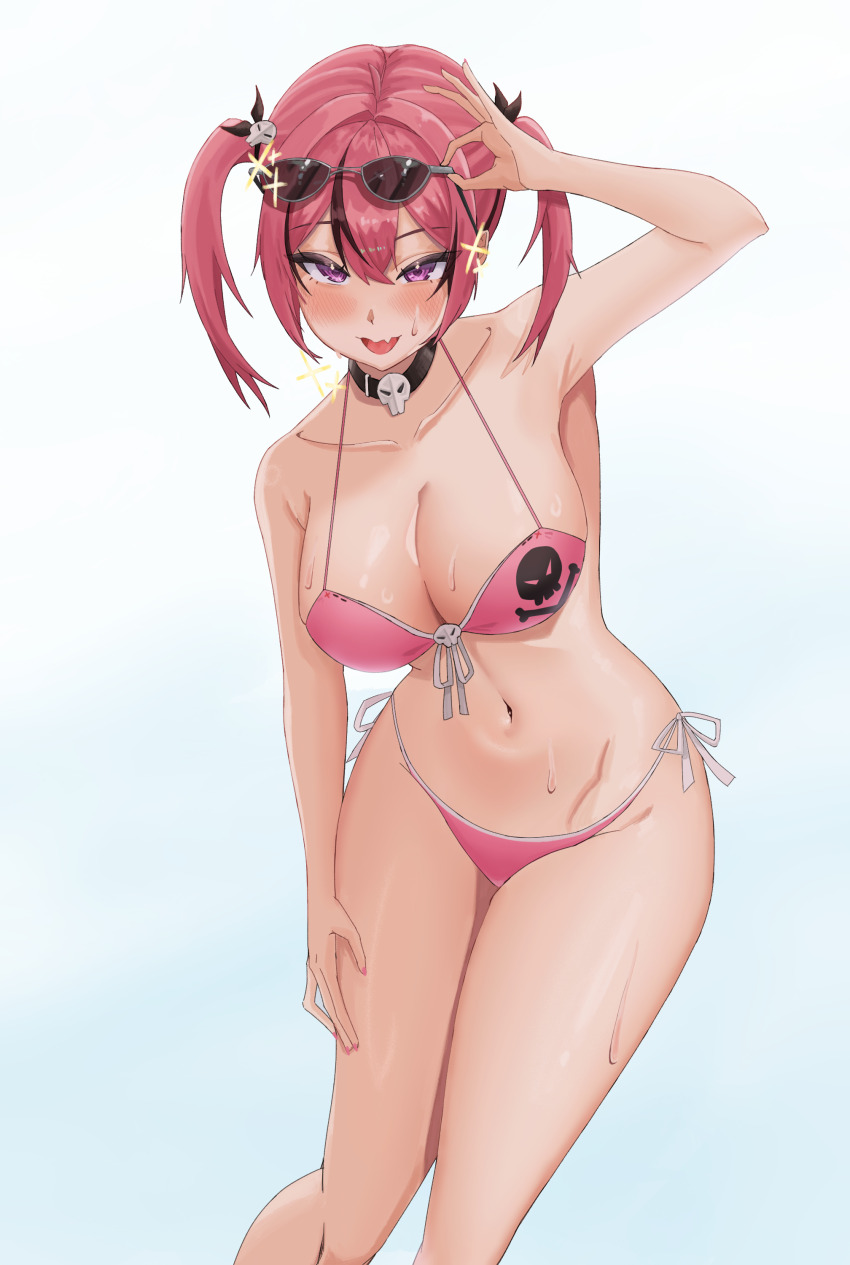 1girl, :3, absurdres, adjusting_eyewear, bikini, bluepaint, blush, breasts