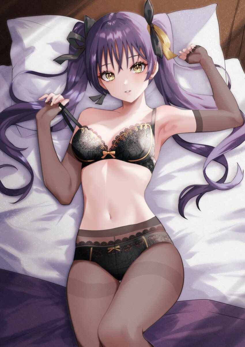 1girl, armpits, assault_lily, bare_shoulders, bed, black_bra, black_panties, black_ribbon, blanket, bow, bow_bra, bow_panties, bra, breasts, brown_gloves, commentary_request, cowboy_shot, earrings, elbow_gloves, fingerless_gloves, gloves, hair_between_eyes, hair_ribbon, hair_spread_out, hands_up, highres, hishida_haru, houji_tea_latte, indoors, jewelry, lace, lace-trimmed_bra, lace-trimmed_panties, lace_trim, light_smile, long_hair, looking_at_viewer, lying, medium_breasts, navel, on_back, on_bed, panties, panties_under_pantyhose, pantyhose, parted_lips, pillow, pulling_own_clothes, purple_hair, ribbon, solo, stomach, strap_pull, stud_earrings, thighband_pantyhose, twintails, underwear, underwear_only, yellow_bow, yellow_eyes