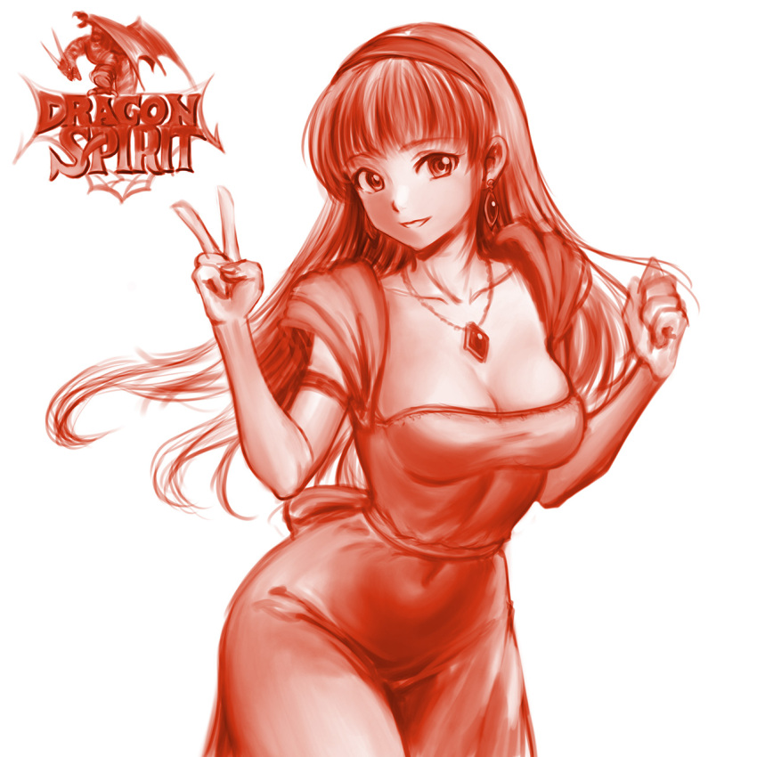 1girl, alicia_(dragon_spirit), breasts, cleavage, collarbone, copyright_name, covered_navel, dragon_spirit, dress, earrings, hairband, hands_up, highres, jewelry, long_hair, medium_breasts, minamoto80486, monochrome, namco, necklace, red_theme, ringed_eyes, simple_background, smile, solo, v, white_background