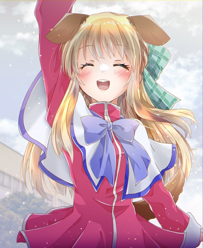 1girl, :d, ^_^, animal_ears, arm_at_side, arm_up, blue_bow, blunt_bangs, blunt_ends, blurry, blurry_background, blush, bow, capelet, closed_eyes, cloud, cloudy_sky, commentary_request, commission, cowboy_shot, dog_ears, dog_girl, dog_tail, dress, eyelashes, facing_viewer, floating_hair, green_bow, hair_bow, happy, highres, kanon, kurata_sayuri, light_brown_hair, long_hair, long_sleeves, open_mouth, outdoors, plaid_bow, red_dress, round_teeth, school_uniform, second-party_source, short_dress, sidelocks, skeb_commission, sky, smile, snowing, solo, standing, straight_hair, tail, tail_raised, teeth, upper_teeth_only, very_long_hair, waving, white_capelet, winter, yukiomi_kizuki