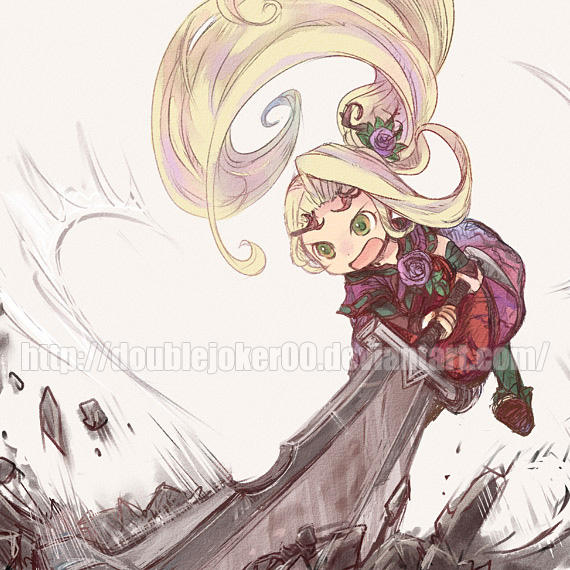 1girl, blonde_hair, club_(weapon), commentary, dress, english_commentary, flower, green_eyes