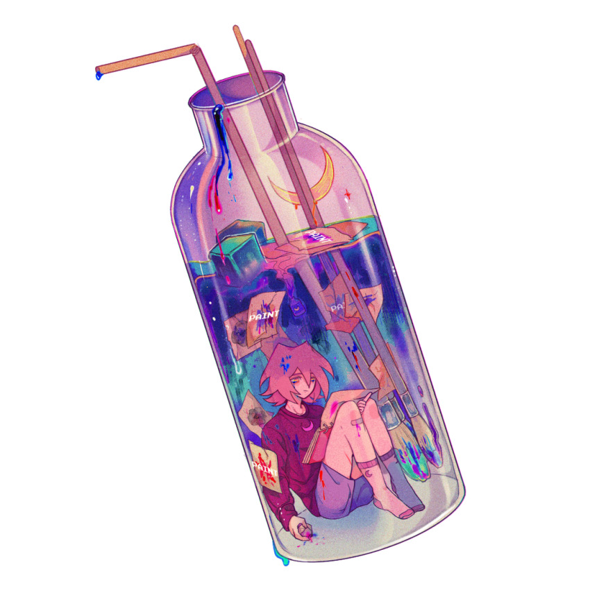 1boy, ankle_socks, big_hair, blue_shorts, bottle, brown_hair, closed_mouth, commentary