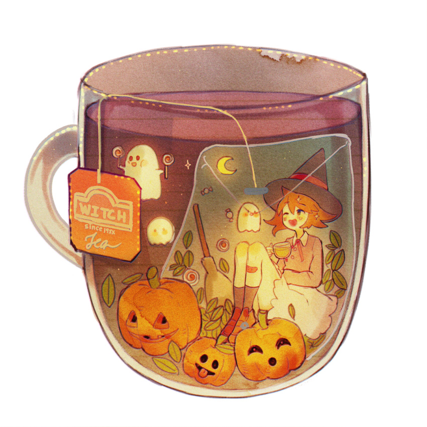 1girl, bag, black_eyes, black_hat, black_socks, blush_stickers, brown_hair, brown_shoes, buttons, candy, collared_shirt, commentary, crescent, cup, english_commentary, english_text, food, full_body, ghost, grey_jacket, halloween, hat, holding, holding_candy, holding_cup, holding_food, holding_lollipop, hoshi-pan, in_bag, in_container, in_cup, jack-o'-lantern, jacket, kneehighs, knees_up, leaf, loafers, lollipop, long_sleeves, miniskirt, name_tag, neckerchief, one_eye_closed, open_mouth, original, red_neckerchief, shirt, shoes, short_hair, sitting, skirt, smile, socks, solo, sparkle, submerged, sweater_jacket, tea, teabag, teacup, transparent_background, white_shirt, white_skirt, witch, witch_hat