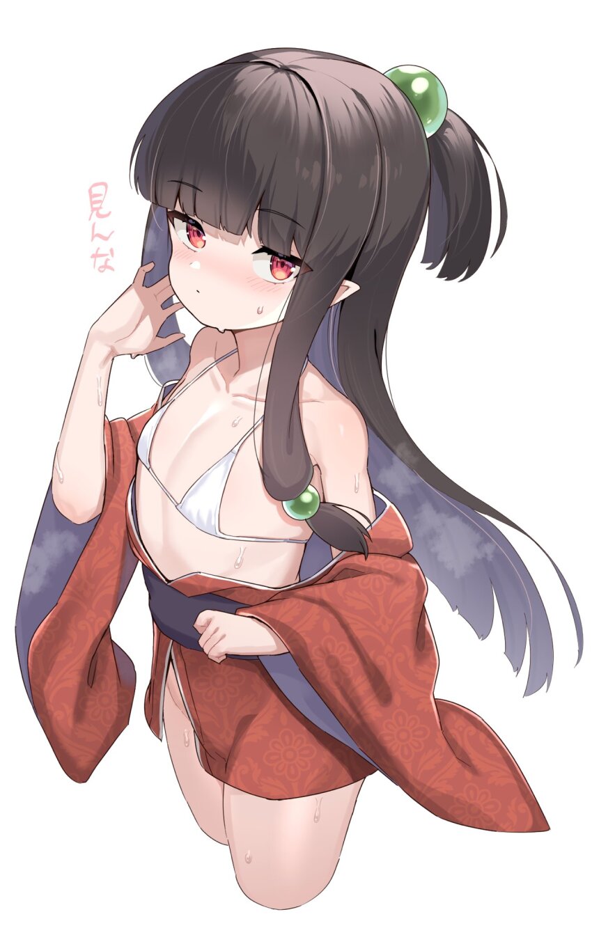 1girl, bikini, black_hair, closed_eyes, cropped_legs, female_focus, flame_iii, flat_chest, hands_on_own_face, highres, japanese_clothes, kimono, loli, long_hair, micro_bikini, off_shoulder, open_clothes, pointy_ears, red_eyes, simple_background, sweat, swimsuit, tsurime, unizou, viprpg, white_background