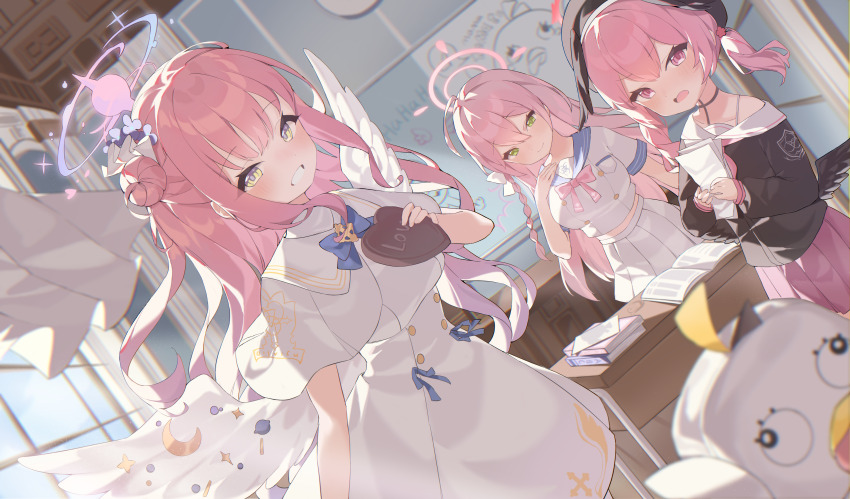3girls, absurdres, ahoge, angel_wings, beret, black_headwear, black_shirt, blue_archive, blue_sailor_collar, blush, book, braid, breasts, byyy_(user_xgka2437), capelet, closed_mouth, crescent, crescent_pin, dress, flat_chest, flower, green_eyes, grin, hair_between_eyes, hair_bun, hair_flower, hair_ornament, halo, hanako_(blue_archive), hat, head_wings, highres, holding, holding_paper, indoors, koharu_(blue_archive), large_breasts, long_hair, long_sleeves, medium_breasts, mika_(blue_archive), multiple_girls, open_mouth, paper, peroro_(blue_archive), pink_eyes, pink_hair, pink_halo, pink_skirt, pleated_skirt, purple_flower, sailor_collar, sailor_shirt, school_uniform, serafuku, shirt, short_sleeves, single_braid, single_side_bun, skirt, smile, white_capelet, white_dress, white_sailor_collar, white_skirt, white_wings, window, wings, yellow_eyes