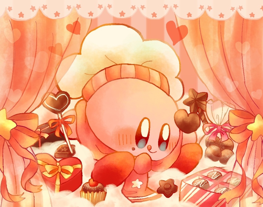 :d, ascot, blue_eyes, blush_stickers, box, box_of_chocolates, candy, chef_hat, chocolate, chocolate_heart, closed_mouth, cloud, colored_skin, commentary_request, cupcake, curtains, food, hat, heart, heart-shaped_box, heart_print, holding, holding_chocolate, holding_food, kirby, kirby_(series), looking_at_food, nintendo, no_humans, o3_(futsuno), open_mouth, pink_ascot, pink_background, pink_ribbon, pink_skin, red_ribbon, red_shoes, ribbon, shoes, sitting, smile, solo, star-shaped_chocolate, star_(symbol), star_print, striped_background, tongue, tongue_out, valentine, white_hat, yellow_ribbon