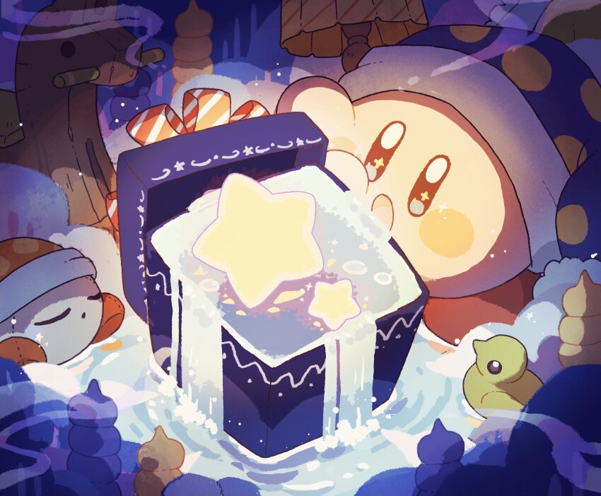 :o, blue_eyes, blush_stickers, bubble, character_playing_cards, colored_skin, dark_foreground, fur-trimmed_headwear