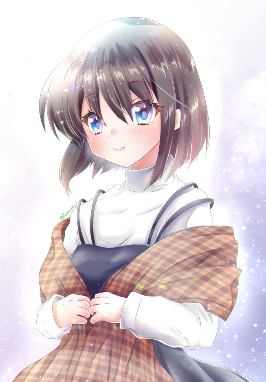 1girl, black_dress, bloom, blue_background, blue_eyes, blush, bob_cut, brown_hair