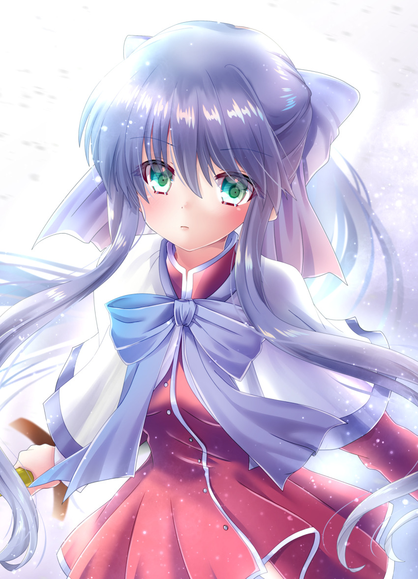 1girl, arms_at_sides, blue_bow, blue_hair, blush, bow, capelet, closed_mouth