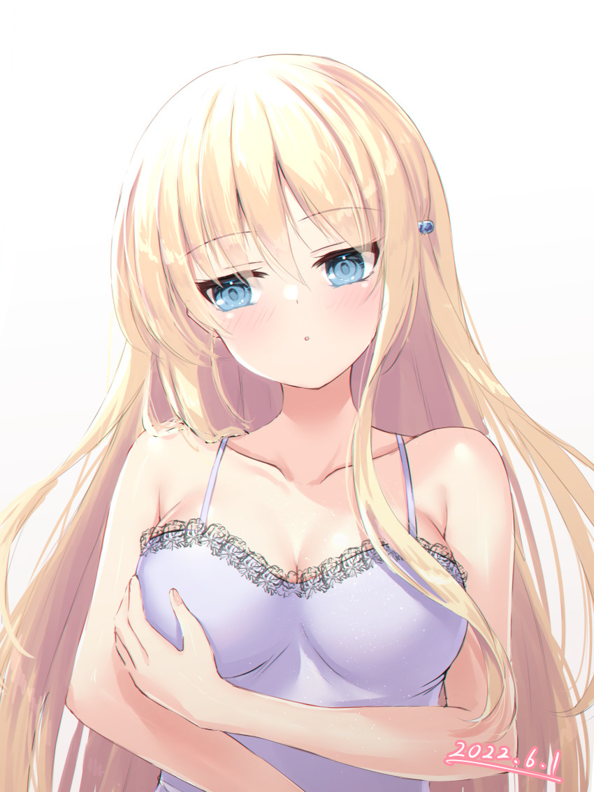 1girl, 2022, absurdres, arm_under_breasts, armpit_crease, bare_arms, blonde_hair, blue_eyes, blue_shirt, blush, breasts, camisole, chief_(sakura_no_kumo), cleavage, collarbone, commentary_request, dated, eyelashes, eyes_visible_through_hair, fingernails, frilled_camisole, frills, hair_between_eyes, hair_bobbles, hair_ornament, hair_over_shoulder, head_tilt, highres, jitome, large_breasts, long_hair, looking_down, ncontrail_(mgax7527), parted_lips, purple_camisole, sakura_no_kumo_scarlet_no_koi, shiny_skin, shirt, sidelocks, simple_background, solo, upper_body, very_long_hair, white_background