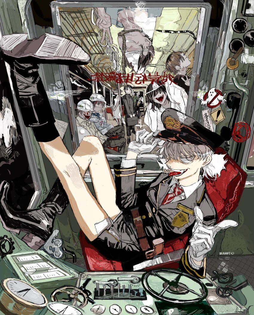 3girls, 6+boys, analog_clock, artist_name, badge, bag, belt, black_eyes