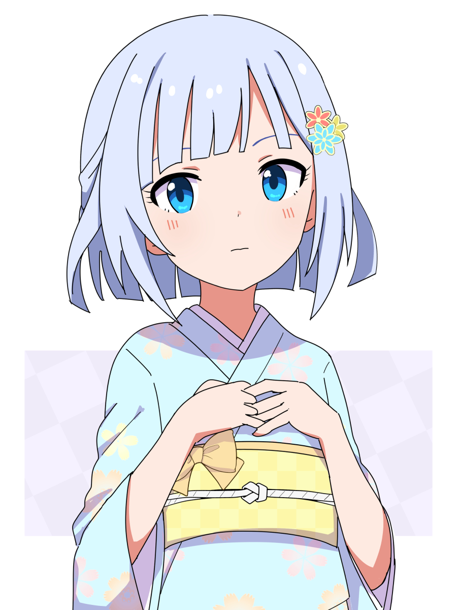1girl, aged_down, aqua_kimono, blue_eyes, blue_hair, bow, commentary, expressionless