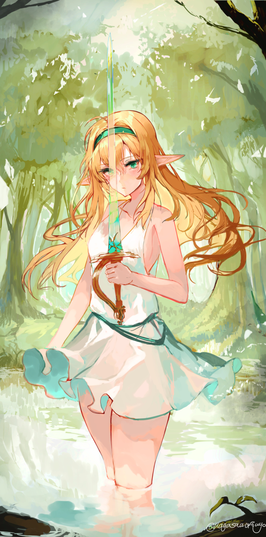 1girl, artist_name, blonde_hair, breasts, day, dress, elf, forest