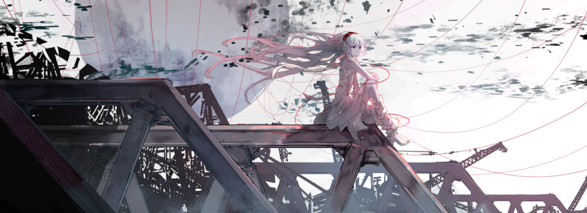 1girl, arcaea, barefoot, commentary_request, crane_(machine), dress, expressionless, floating_hair