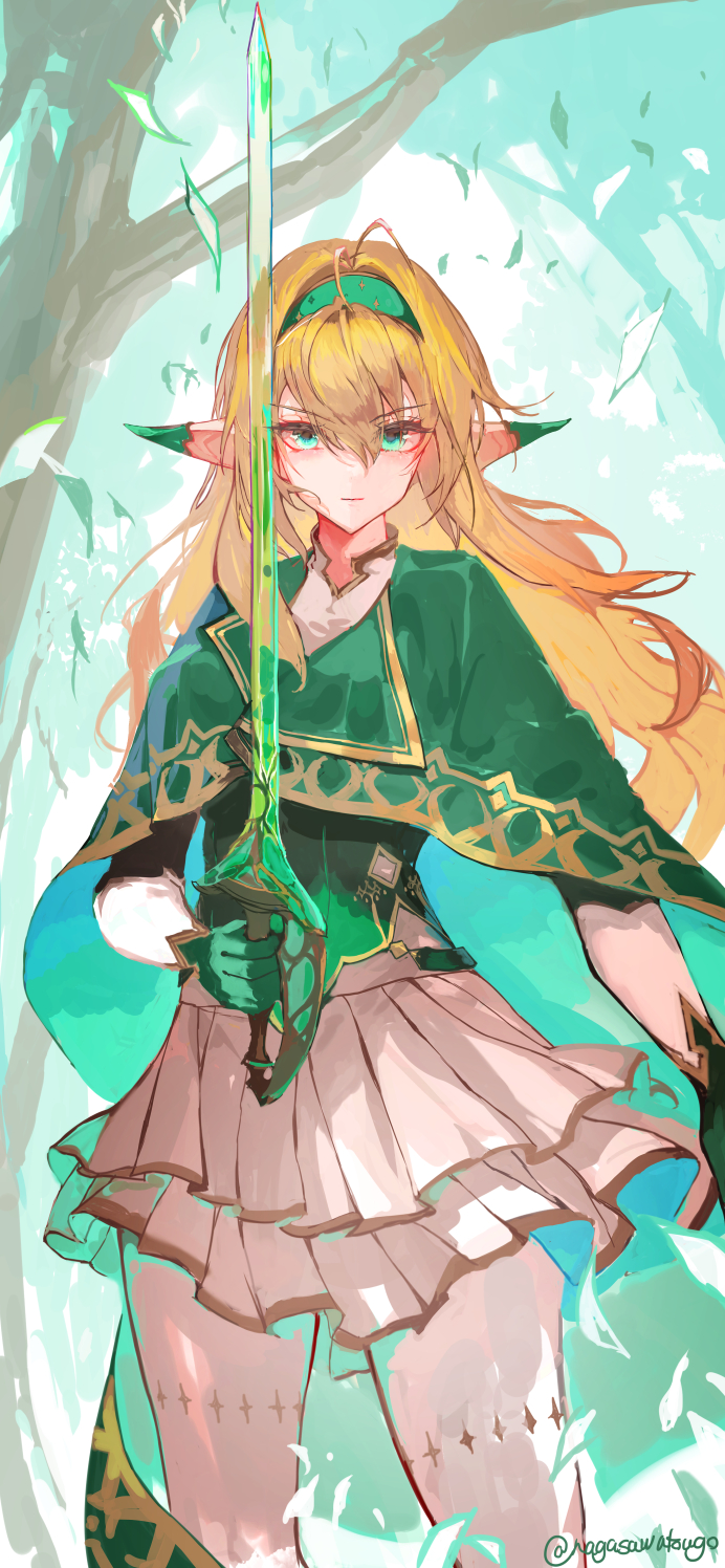 1girl, artist_name, blonde_hair, cape, commentary_request, day, ear_covers, elf, fantasy, gloves, gold_trim, green_cape, green_eyes, green_gloves, green_hairband, hair_between_eyes, hairband, highres, holding, holding_sword, holding_weapon, looking_at_viewer, nagasawa_tougo, original, outdoors, pantyhose, pointy_ears, solo, standing, sword, transparent_weapon, tree, weapon, white_pantyhose