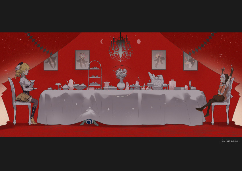 2girls, absurdres, arms_up, baguette, basket, beanie, beret, blonde_hair