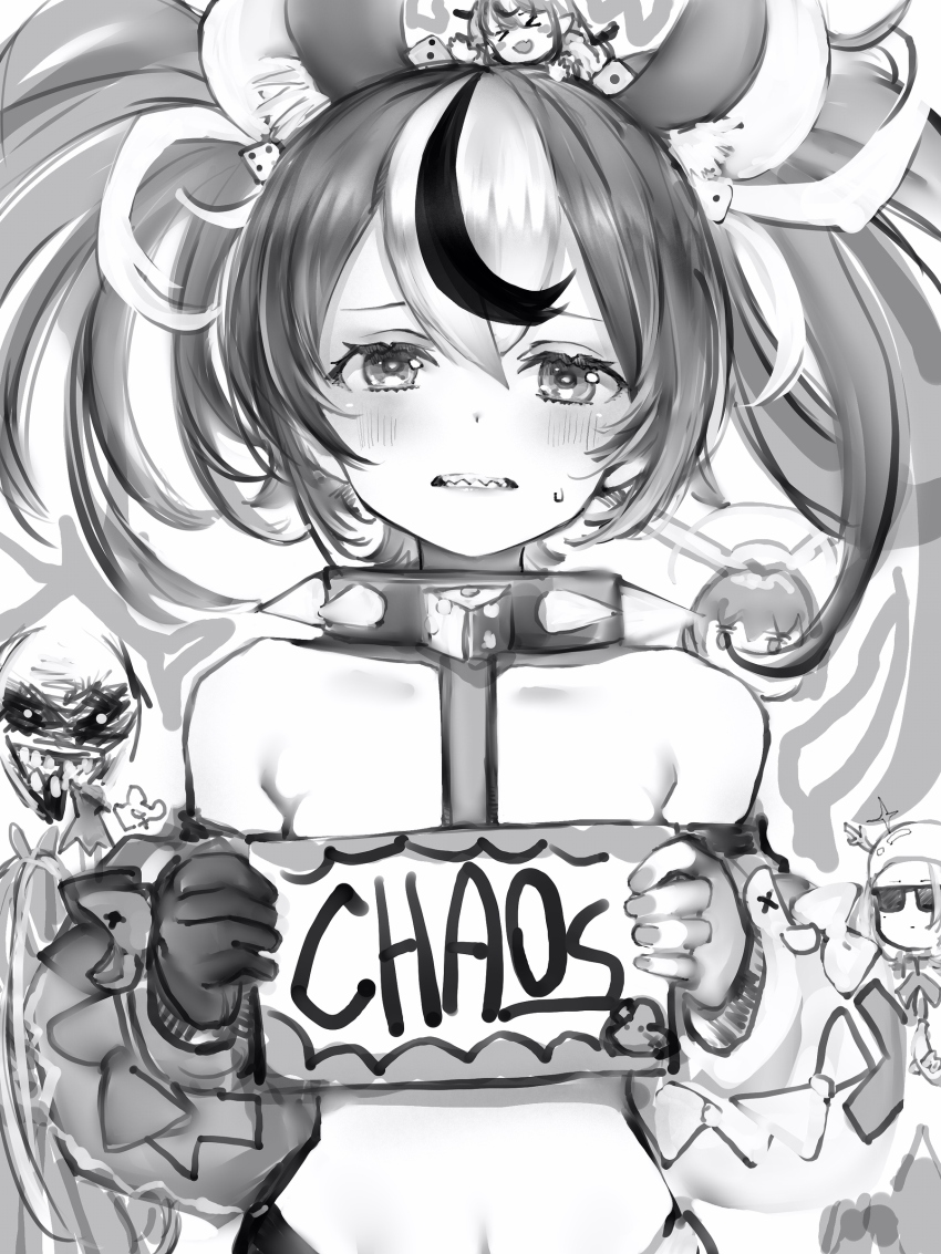 >_<, 1girl, :d, absurdres, animal_ears, bare_shoulders, blush, ceres_fauna