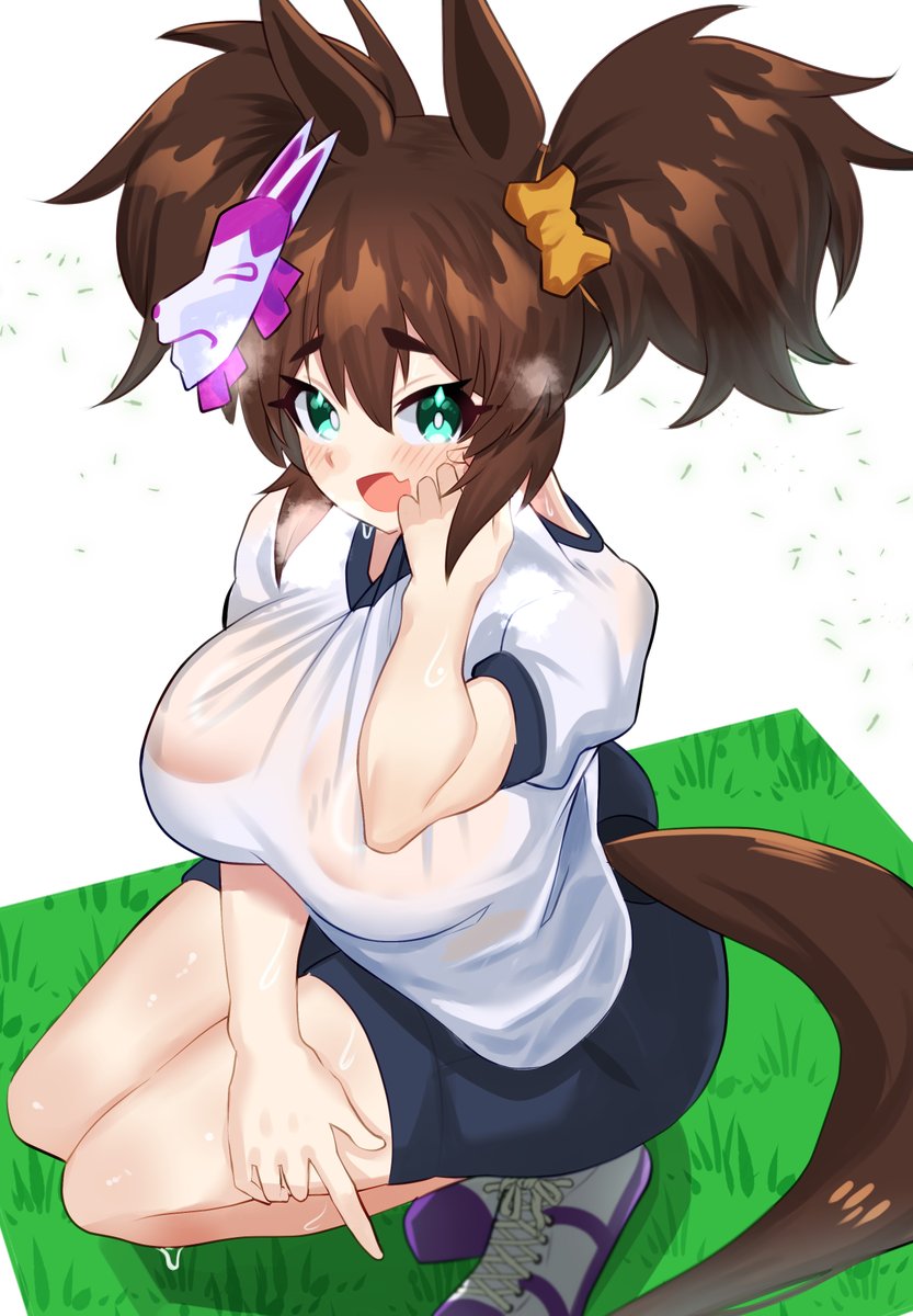 1girl, animal_ears, aqua_eyes, blush, brown_hair, clothing_cutout, fox_mask, gym_shirt