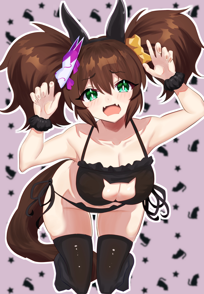 1girl, absurdres, animal_ears, black_bra, black_panties, black_scrunchie, black_thighhighs, blush, bra, brown_hair, cat_lingerie, commentary_request, ear_covers, fang, fox_mask, green_eyes, hair_ribbon, hakurogi, highres, horse_ears, horse_girl, horse_tail, inari_one_(umamusume), leaning_forward, looking_at_viewer, mask, mask_on_head, open_mouth, outline, panties, patterned_background, ribbon, scrunchie, side-tie_panties, skin_fang, solo, tail, thighhighs, twintails, umamusume, underwear, white_outline, yellow_ribbon