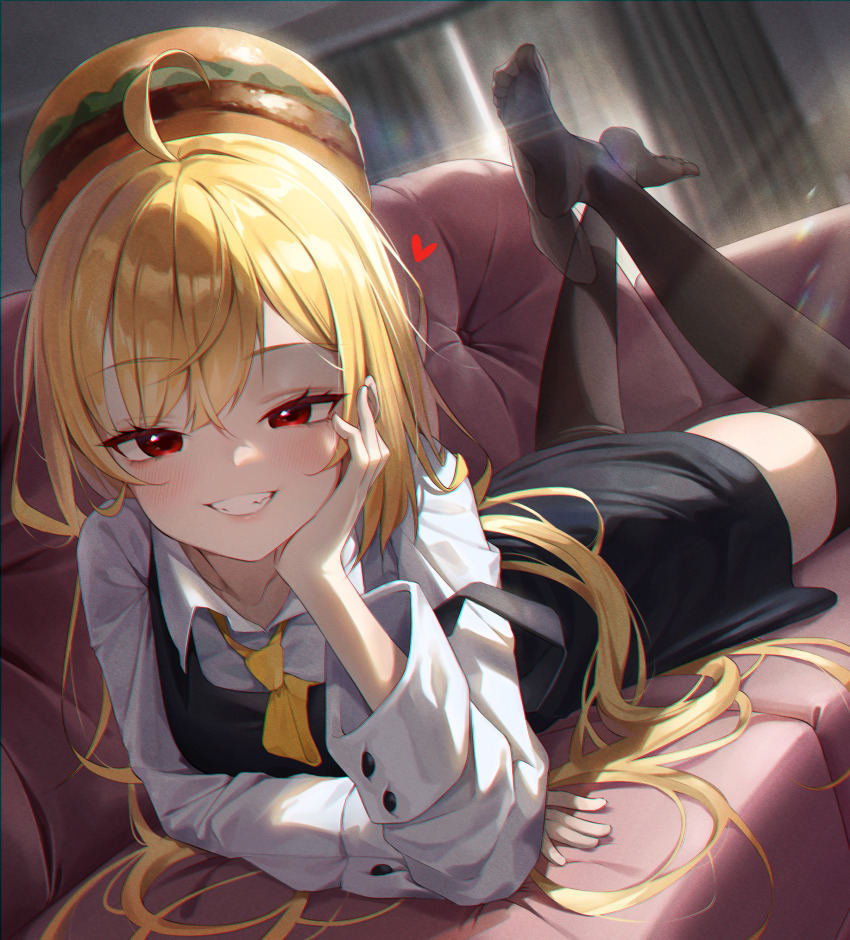 1girl, absurdres, ahoge, black_dress, black_thighhighs, blonde_hair, blush, collared_shirt