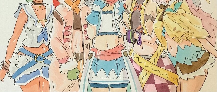 5girls, armlet, belt, black_belt, blue_gloves, bracelet, elisa_jalapeno_viviage, fur-trimmed_collar