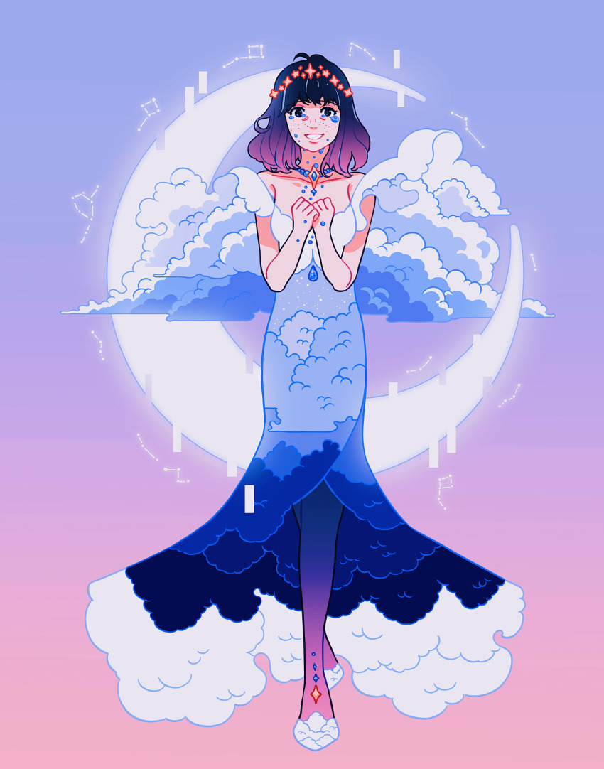 1girl, bare_shoulders, black_hair, cloud, constellation, crescent, dress, freckles