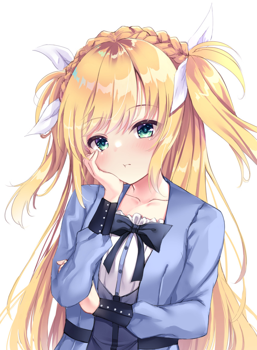 1girl, :t, absurdres, black_bow, blonde_hair, blue_jacket, blush, bow